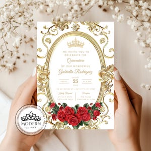 Invito Quinceañera con rose floreali - MODELLO elegante e modificabile - Compleanno di 15 anni di mele cotogne - Download istantaneo - Modifica Canva - 146C