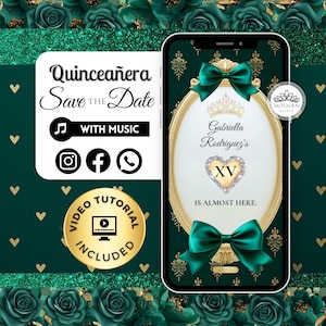 Quinceañera Video Save the Date - Quince Invitation, Animated Invitation, XV Birthday Invitation, Sweet 16 Birthday, Green Quinceanera 192C