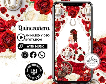 Pode incluir: Um convite digital para uma Quinceañera com um esquema de cores vermelho, branco e dourado. O convite apresenta uma ilustração de desenho animado de uma jovem com um vestido vermelho e branco, segurando um sombrero. O texto "Quinceañera" está escrito em uma fonte decorativa. O convite também inclui o texto "Convite de vídeo animado com música" e um ícone de tutorial de vídeo.