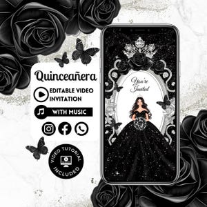 Puede incluir: Plantilla de video de invitación de Quinceañera en negro y plata con un vestido negro, una corona y rosas. El texto "You're Invited" se muestra en un marco plateado. El video incluye música y un tutorial.