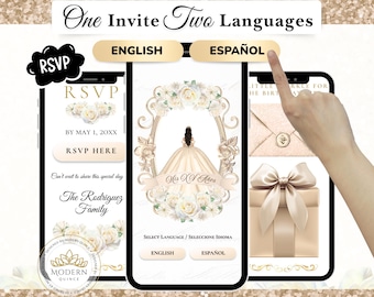 May include: A digital invitation design with the text "One Invite Two Languages". The design features three smartphone screens displaying invitation details, including RSVP information and event details. The design includes floral and gold accents.