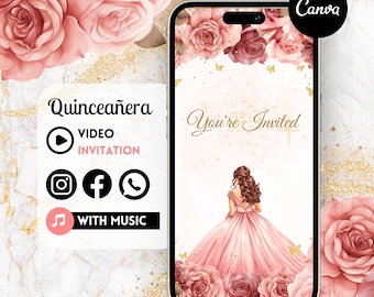 Quinceañera Video Invite - Canva Quinceanera, Quince Invitation, Personalized Video Evite, Animated Invitation, Sweet 15th Birthday 5C