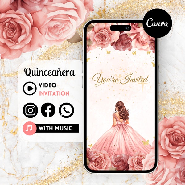 Quinceañera Video Uitnodigen - Canva Quinceanera, Kweepeer Uitnodiging, Gepersonaliseerde Video Evite, Geanimeerde Uitnodiging, Sweet 15e Verjaardag 5C