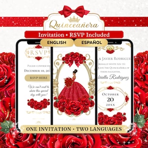 May include: A digital invitation for a Quinceañera, featuring a red and gold design. The invitation includes RSVP information and is available in English and Spanish. The design includes roses and a bow.