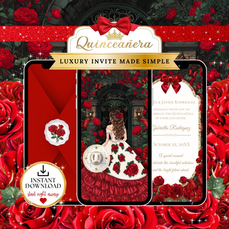 Red Roses Quinceañera Invite - Canva Quinceanera, Quince Invitation ...