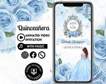 Quinceaňera Video einladen - Canva Quinceanera, Quinceeinladung, personalisierte Video Evite, animierte Einladung, süßer 15 Geburtstag 149C
