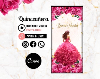 Editable Quinceañera Video Invite - Canva Quinceanera, Quince Invitation, Personalized Video Evite, Animated Invitation, Sweet 15, 20C