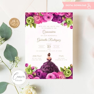 Convite Floral Rosas Quinceañera - MODELO Elegante e Editável - Aniversário Quince 15 Años - Download Instantâneo - Canva Edit - G10