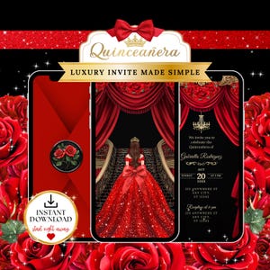 Könnte beinhalten: Ein digitales Quinceañera-Einladungsdesign in Rot und Schwarz, das eine junge Frau in einem glitzernden roten Kleid auf einer Treppe zeigt. Das Design umfasst Rosen, eine Schleife und den Text "Quinceañera" und "Luxury Invite Made Simple."