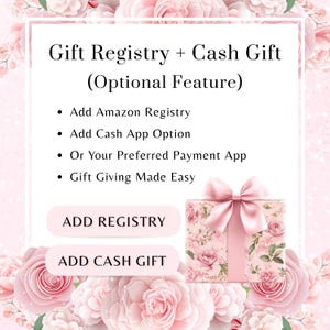 K&ouml;nnte beinhalten: Grafik mit dem Text "Gift Registry + Cash Gift (Optional Feature)" und Optionen wie "Add Amazon Registry" und "Add Cash App Option". Au&szlig;erdem eine Geschenkbox mit rosa Schleife und floraler Verpackung.