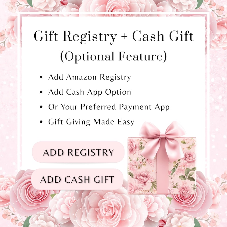 K&ouml;nnte beinhalten: Grafik mit dem Text "Gift Registry + Cash Gift (Optional Feature)" und Optionen wie "Add Amazon Registry" und "Add Cash App Option". Au&szlig;erdem eine Geschenkbox mit rosa Schleife und floraler Verpackung.