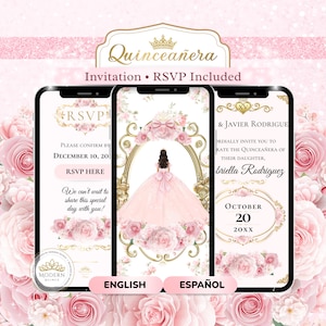 K&ouml;nnte beinhalten: Digitales Einladungsdesign f&uuml;r eine Quincea&ntilde;era, dargestellt auf drei Smartphones. Das Design zeigt ein rosa-goldenes Farbschema, florale Akzente und den Text "Quincea&ntilde;era" und "Invitation &bull; RSVP Included".
