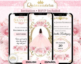 May include: A digital invitation design for a Quinceañera, featuring three smartphones displaying the invitation details. The design includes a pink and gold color scheme, floral accents, and the text "Quinceañera" and "Invitation • RSVP Included."