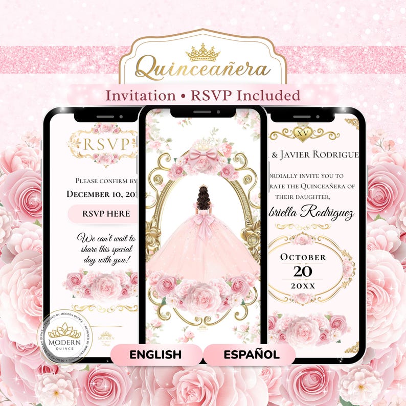 K&ouml;nnte beinhalten: Digitales Einladungsdesign f&uuml;r eine Quincea&ntilde;era, dargestellt auf drei Smartphones. Das Design zeigt ein rosa-goldenes Farbschema, florale Akzente und den Text "Quincea&ntilde;era" und "Invitation &bull; RSVP Included".