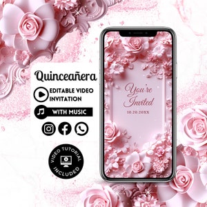 Quinceañera video-uitnodiging - Canva Quinceanera, kweepeer uitnodiging, gepersonaliseerde video-evite, geanimeerde uitnodiging, Sweet 15e verjaardag 96C