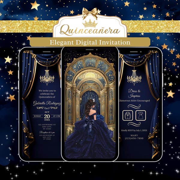 Under the Stars Quinceañera Invitation Template - Starry Night XV Años Invite - Editable Canva - Instant Download, Blue Quince Invite 03G