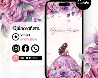 Invito video Quinceañera - Viola - Quinceanera fai da te, Invito mele cotogne, Invito video personalizzato, Invito animato Dolce 15° compleanno 3C