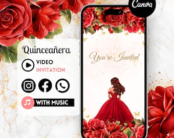 Quinceañera Video Invite - Red - Canva Quinceanera, Quince Invitation, Personalized Video Evite, Animated Invitation, Sweet 15th Birthday 4C