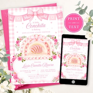 May include: A baby shower invitation card and a smartphone screen displaying the same design. The pink and white gingham invitation features a pink bow, floral accents, a concha bread illustration, and text reading A little Conchita Is Baking.