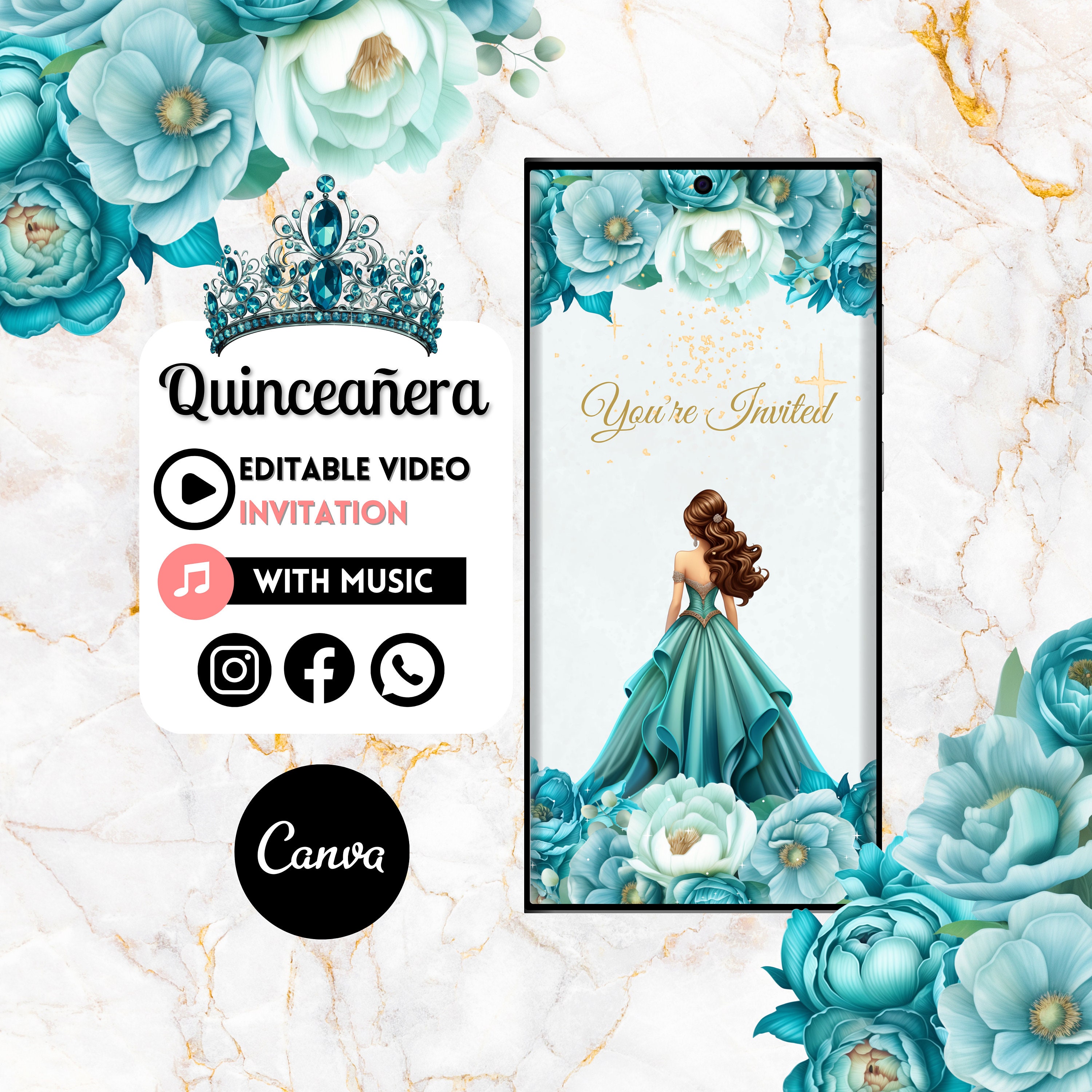 Quinceaňera Video Invite - Canva Quinceanera, Quinceeinladung, personalisierte Video Evite, animierte Einladung, süßer 15. Geburtstag 15C