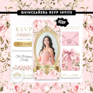 Interaktive Quinceañora-Einladung mit Antwortkarten • Digitale Invite mit Link • Benutzerdefinierte Mini-Seite + Gäste-Tracker • All-in-One • WEB3 B