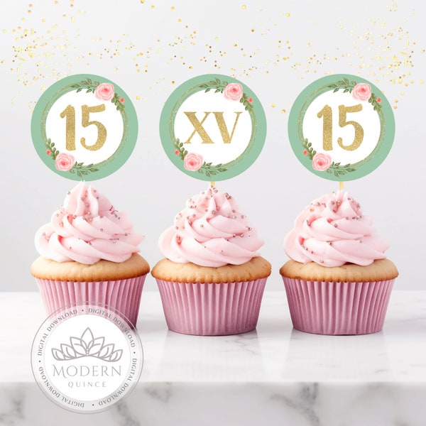 Quinceañera Cupcake Toppers - Enchanted Forest Theme - Digital Download, Favor Tags, Labels, DIY Quinceanera, Instant Printable