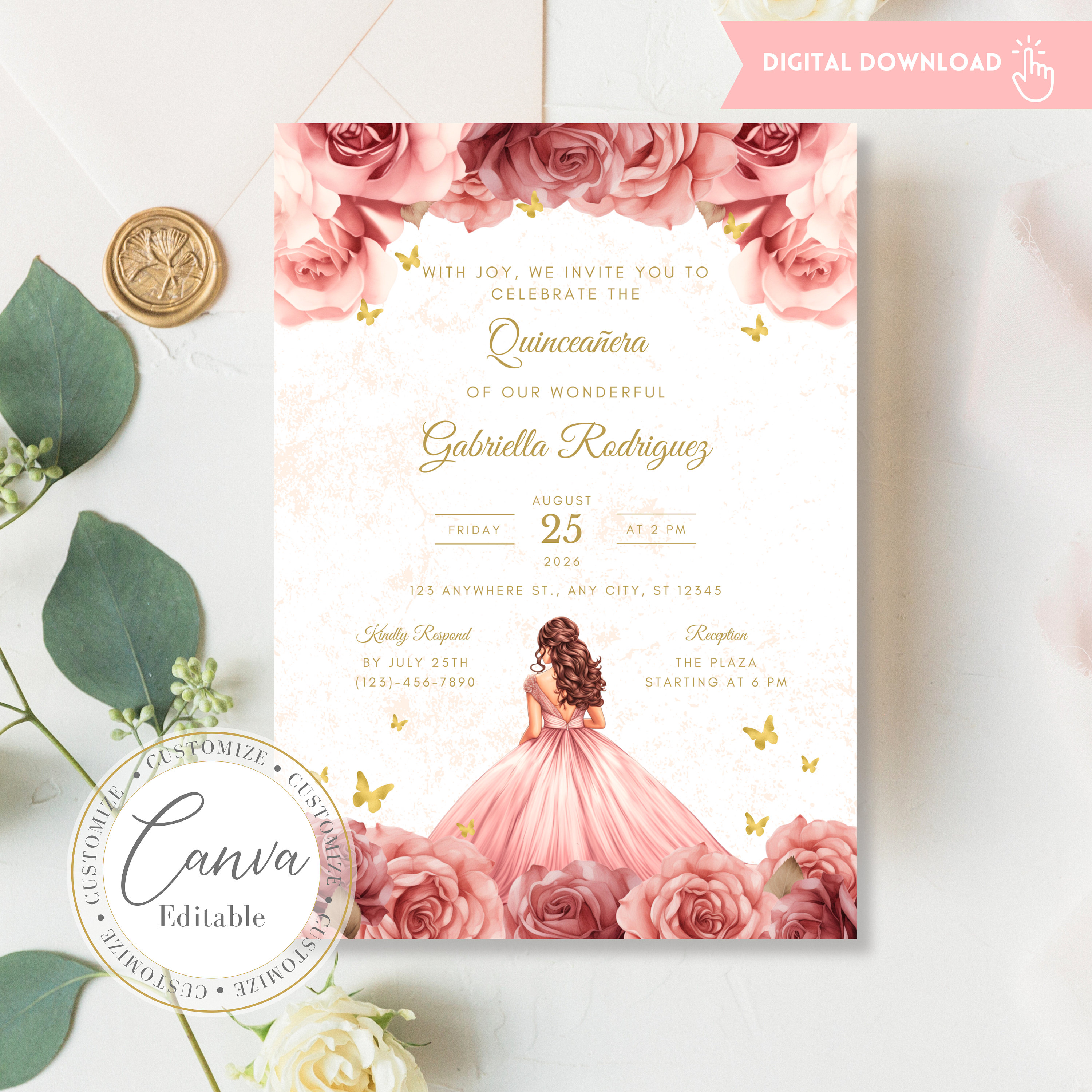 Floral Roses Quinceañera Invitation - Elegant and Editable TEMPLATE - Quince 15 Años Birthday - Instant Download - Canva Edit - G1