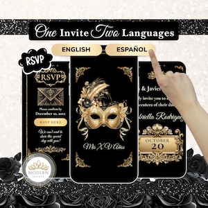 Black & Gold Masquerade Quinceañera Invitation • RSVP Digital Invite • Interactive • Guest Tracker • Mini Website • Bilingual Español, WEB52