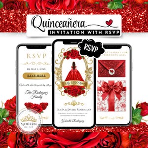 Invitación Digital Quinceañera Roja y Dorada • Confirmar Asistencia • Para Celular • Lista de Invitados • Página Web Personalizada •