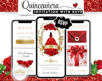 Red Gold Quinceañera Invitation • RSVP Digital Invite • Interactive All-in-One • Guest Tracker • Custom Mini Website • Phone Friendly • WEB2
