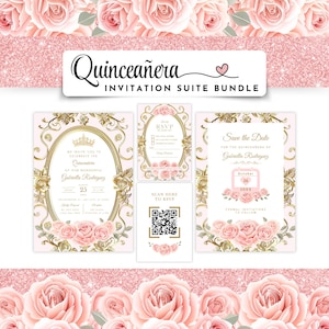 May include: A pink and gold Quinceañera invitation suite bundle with a floral design. The invitation includes a save the date card, RSVP card, and a main invitation. The invitation features a gold frame with a crown and the text "We invite you to celebrate the Quinceañera of our wonderful Gabriella Rodriguez".