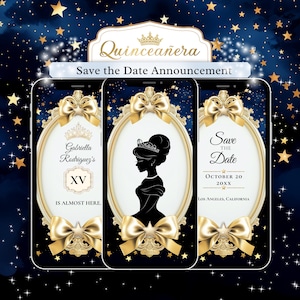 Puede incluir: Anuncio de "Save the Date" para Quinceañera en tres pantallas de smartphone. Cada pantalla presenta un marco ovalado dorado con un lazo, una silueta de mujer y texto. El fondo es azul oscuro con estrellas doradas.