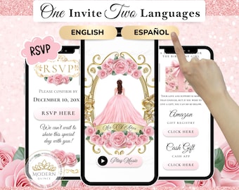 Pink Gold Quinceañera Invitation • RSVP Digital Invite • Interactive • Guest Tracker • Custom Mini Website • Bilingual Español • WEB17C