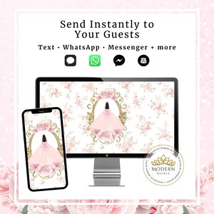 K&ouml;nnte beinhalten: Ein digitales Einladungsdesign mit einer rosa Kleid-Illustration in einem goldenen Rahmen, angezeigt auf einem Computermonitor und einem Smartphone. Der Hintergrund ist ein Blumenmuster. Der Text oben lautet "Sofort an Ihre G&auml;ste senden".