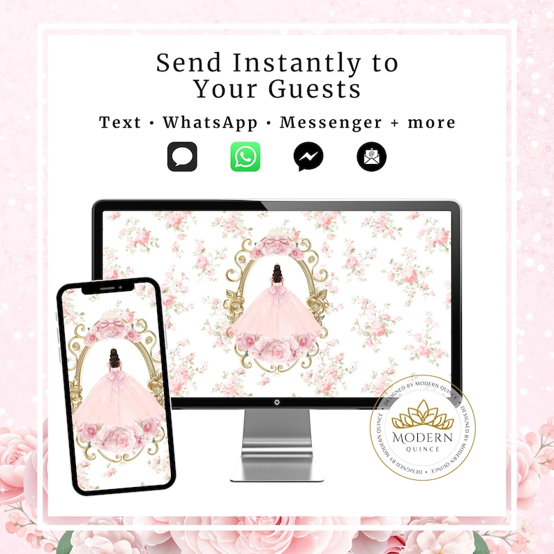 K&ouml;nnte beinhalten: Ein digitales Einladungsdesign mit einer rosa Kleid-Illustration in einem goldenen Rahmen, angezeigt auf einem Computermonitor und einem Smartphone. Der Hintergrund ist ein Blumenmuster. Der Text oben lautet "Sofort an Ihre G&auml;ste senden".
