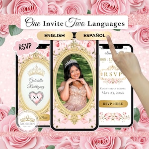 Pink Gold Quinceañera Invitation • RSVP Digital Invite • Interactive • Guest Tracker • Custom Mini Website • Bilingual Español • WEB32