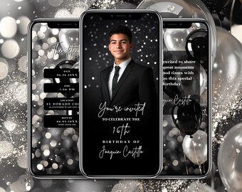 May include: A black and white digital invitation for a 16th birthday party. The invitation features a photo of a young man in a black suit and a black and white background with silver glitter. The text on the invitation reads "You're invited to celebrate the 16th birthday of Joaquin Castilla".