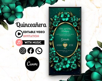 Pode incluir: Um modelo de vídeo de convite para Quinceañera com um design floral verde e dourado. O texto diz "Quinceañera", "Convite de vídeo editável", "Com música", "Sr. e Sra. Rodriguez", "estão organizando a festa do ano para celebrar sua filha", "Gabriella", "Sábado", "20 de outubro de 2026", "Às 19h", "123 Anywhere St Any City, ST 12345".