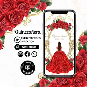 May include: A digital invitation for a Quinceañera with a red dress, crown, and roses. The text reads "You're Invited 10.20.20XX".