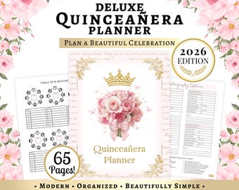 2026 Deluxe Quinceañeraplanner • Afdrukbare planningsbundel • Tijdlijn, rechtbankplanner, leverancierspagina's, kledingwinkel 65 pagina's, afdrukbaar, 15A