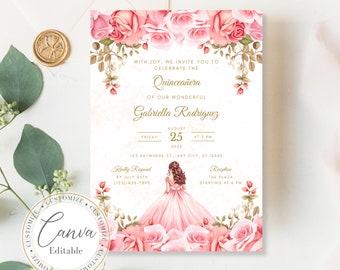May include: A pink and gold Quinceañera invitation with a floral border and a drawing of a girl in a pink dress. The text reads "With joy, we invite you to celebrate the Quinceañera of our wonderful Gabriella Rodriguez. Friday, August 25, 2026 at 2 PM. 123 Anywhere St., Any City, ST 12545. Kindly Respond by July 25th (125)-456-7890. Reception The Plaza Starting at 6 PM."
