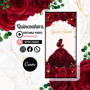 May include: A digital invitation for a Quinceañera, featuring a young woman in a burgundy ball gown surrounded by roses. The invitation includes the text "You're Invited" and social media icons. The design is set against a marble background.