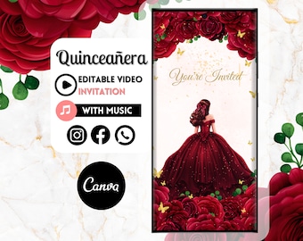 May include: Digital Quinceañera invitation with a burgundy ball gown illustration, surrounded by roses. The text "You're Invited" is displayed. The design includes social media icons and is set against a marble background.