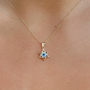Star of David yellow gold pendant with light blue evil eye pendant Jewish evil eye pendant Star of David pendant gift for Bar Mitzvah