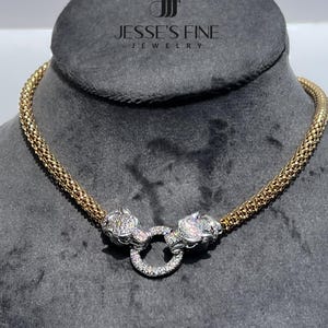 Collar de doble pantera de oro y plata, joyería llamativa con circonitas, collar llamativo de jaguar, collar de doble pantera, joyería inspirada en diseñadores