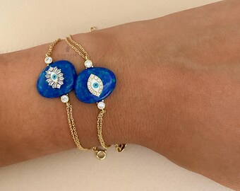 Opal blue Evil eye bracelet gold plated dark blue opal evil eye bracelet baguette white and light blue evil eye CZ stone evil eye bracelet