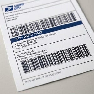 Może przedstawiać: Biała etykieta wysyłkowa z niebieskim paskiem i czarnymi kodami kreskowymi. Etykieta zawiera tekst "SPIF DSRRFGES2S" i inny nieczytelny tekst. Logo USPS jest widoczne w lewym górnym rogu.