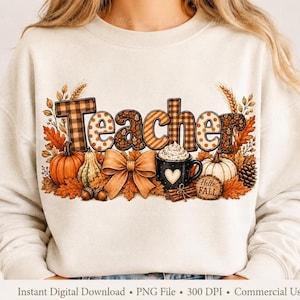 Teacher Fall PNG, Pumpkin Spice Faux Patchwork Sublimation Design, Autumn Bow Shirt Graphic Clipart (Digital Download)