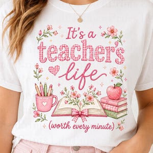 Teacher Life Floral Faux Patchwork PNG, Pink Gingham Design, DTF Printing, Sublimation (Digital Download)