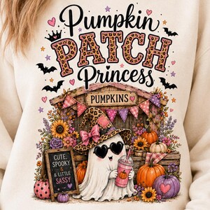 Pumpkin Patch Princess PNG, Cute Ghost Halloween Sublimation Design, Leopard Witch Hat Pink Fall Shirt Graphic Clipart (Digital Download)